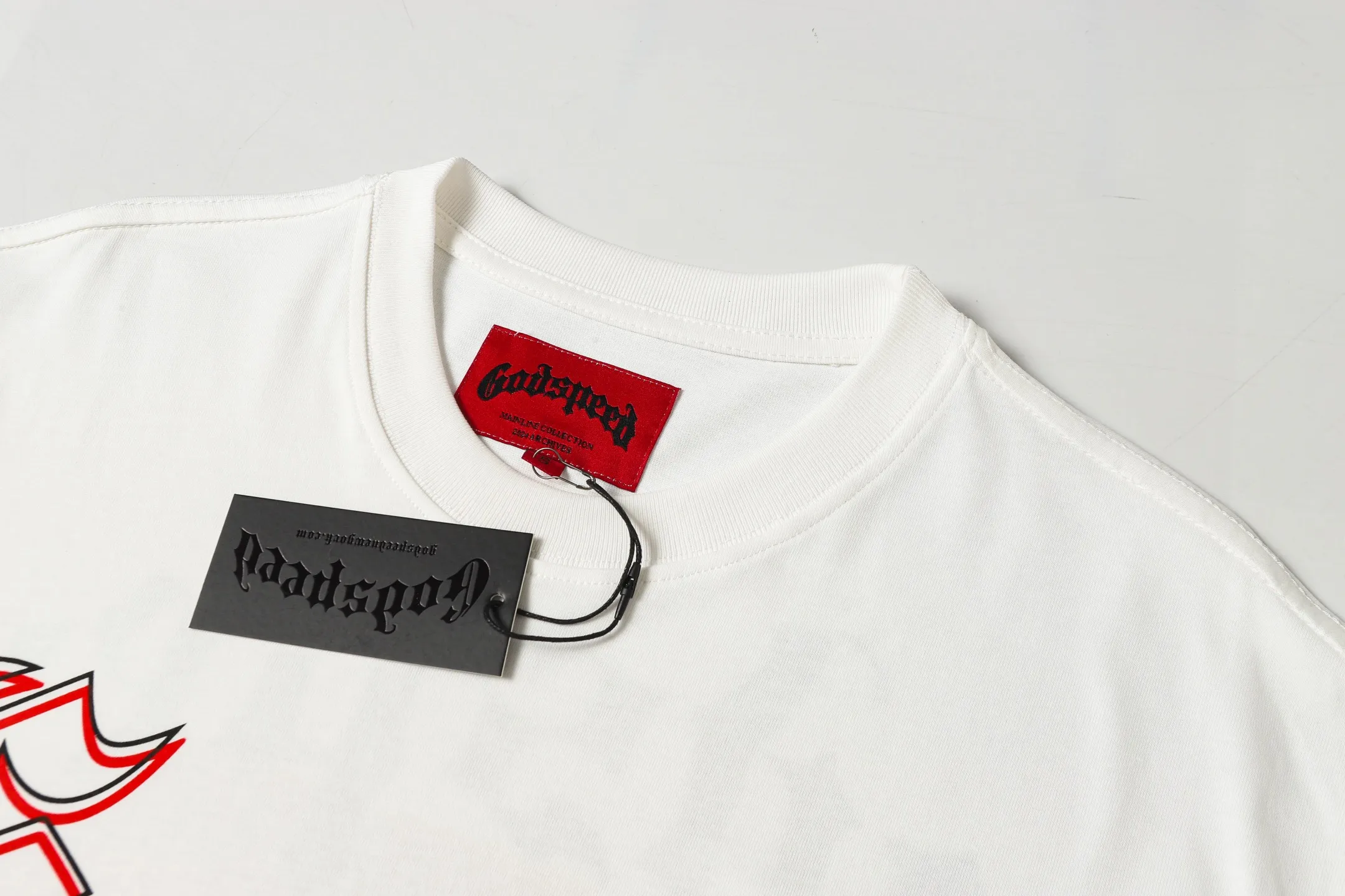 52💰5053#White Godspeed cross-border American rock and roll street washed retro style short-sleeved T (craft printing) fabric (fabric): 32 counts combed double yarn 240 grams weight code number (size): S-M-L-XL color (colour): white