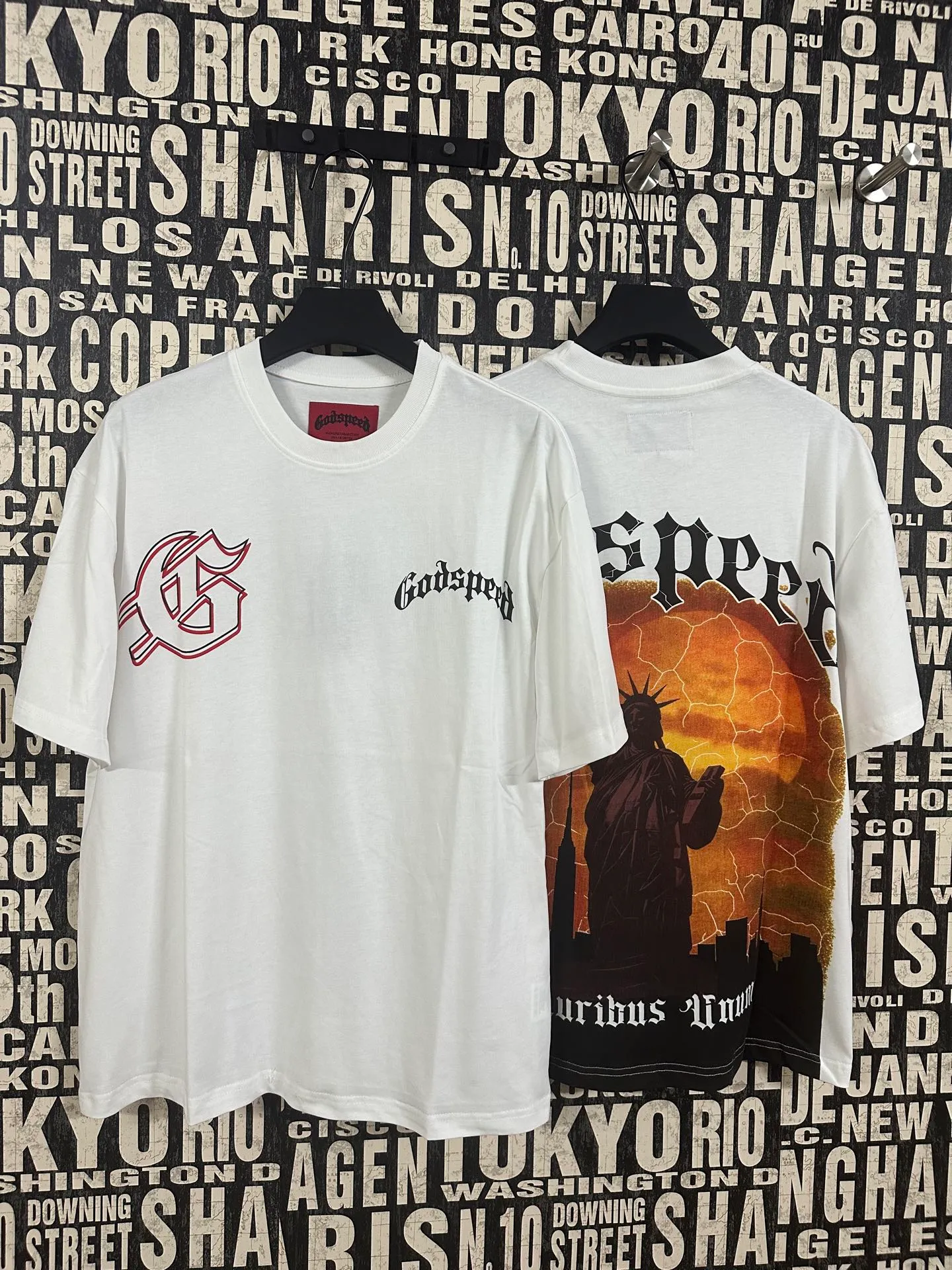52💰5053#White Godspeed cross-border American rock and roll street washed retro style short-sleeved T (craft printing) fabric (fabric): 32 counts combed double yarn 240 grams weight code number (size): S-M-L-XL color (colour): white