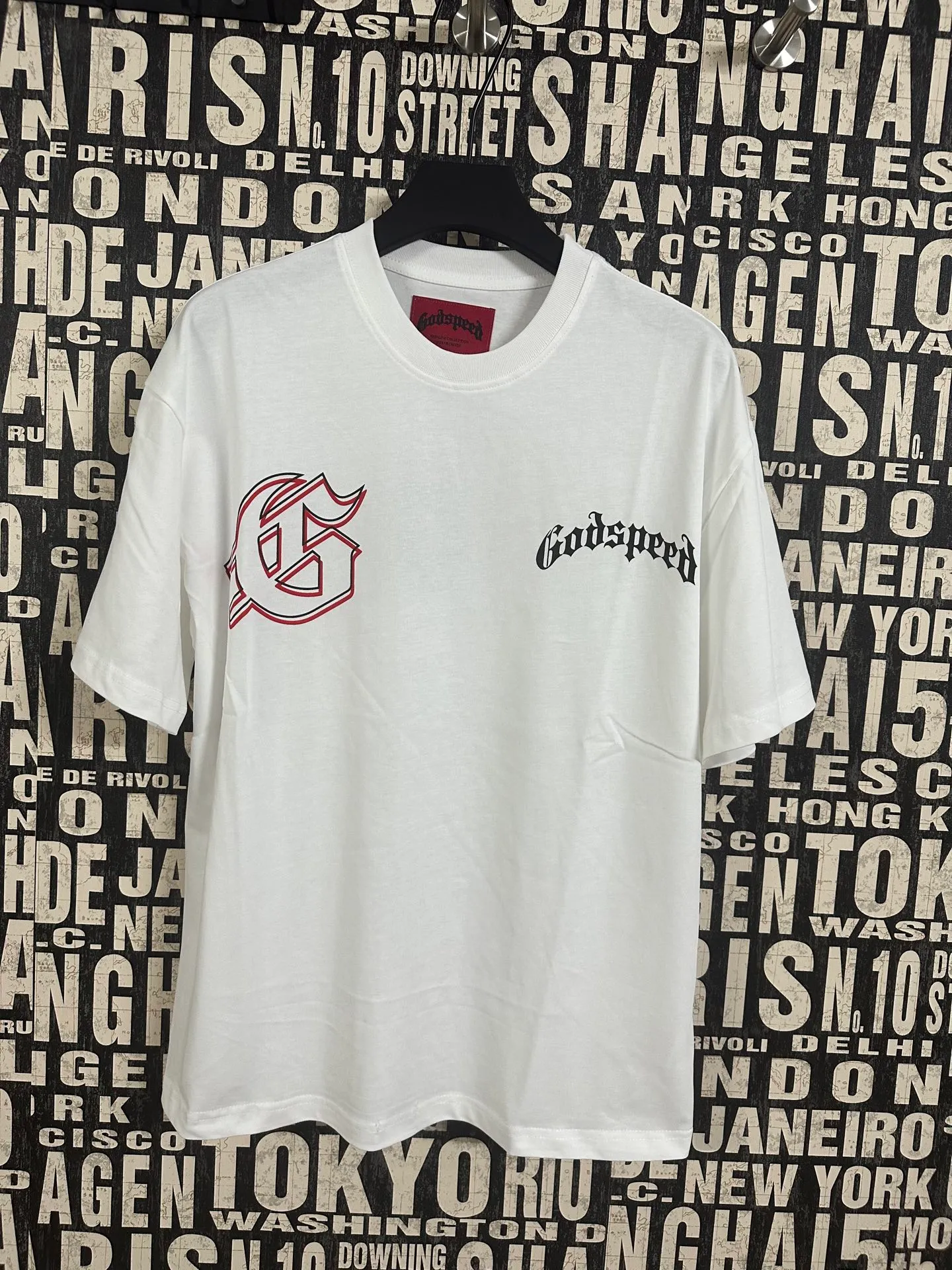 52💰5053#White Godspeed cross-border American rock and roll street washed retro style short-sleeved T (craft printing) fabric (fabric): 32 counts combed double yarn 240 grams weight code number (size): S-M-L-XL color (colour): white