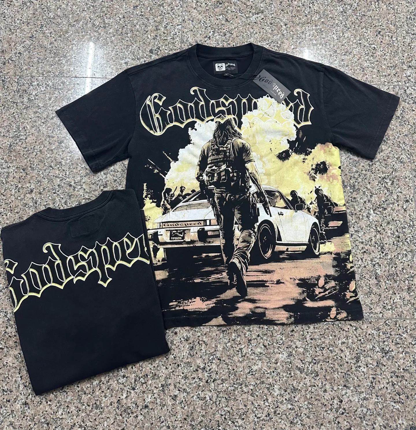 6137# Washed black I P116 Real stock (American fashion niche) Godspeed cross-border American rock street washed retro style short-sleeved T (craft printing) Fabric (fabric): 32 counts combed double yarn 250 grams weight Size (size): S-M-L-XL Color (colour): Washed black