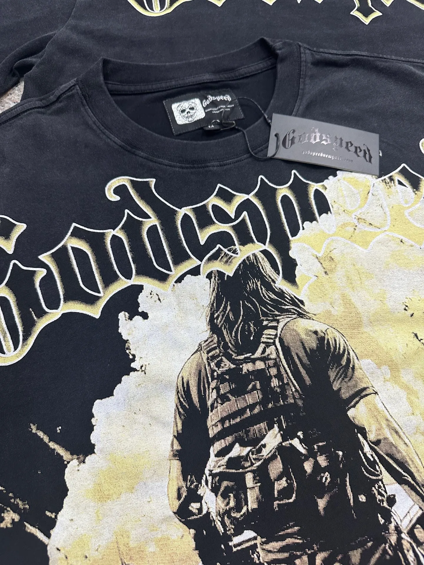 6137# Washed black I P116 Real stock (American fashion niche) Godspeed cross-border American rock street washed retro style short-sleeved T (craft printing) Fabric (fabric): 32 counts combed double yarn 250 grams weight Size (size): S-M-L-XL Color (colour): Washed black