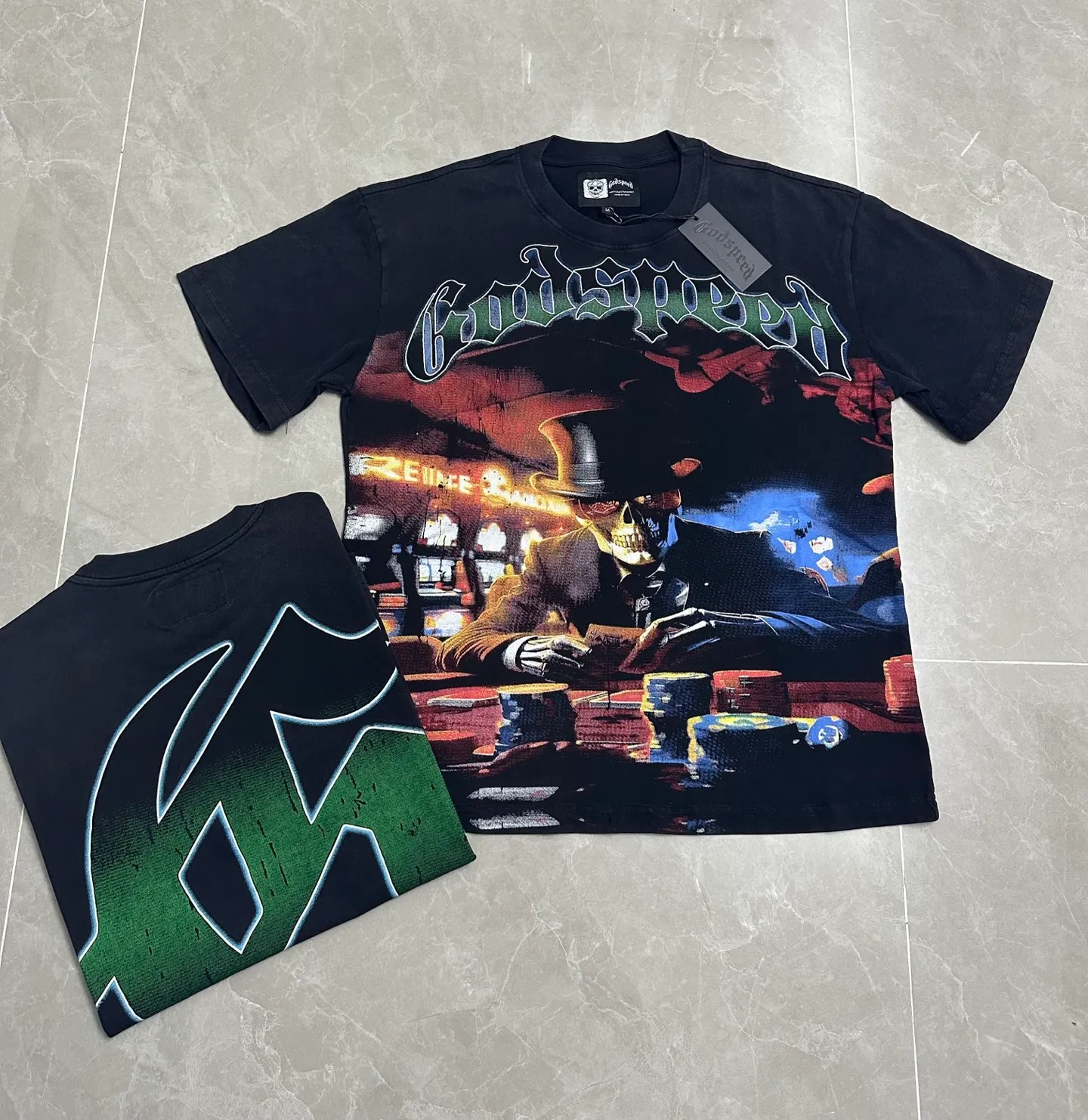 6060#washed black I P116 HD printing real shot details Godspeed cross-border American rock and roll street washed retro style short-sleeved T (craft printing) fabric (fabric): 32 count combed double yarn 250g weight code number (size): S-M-L-XL color (colour): washed black