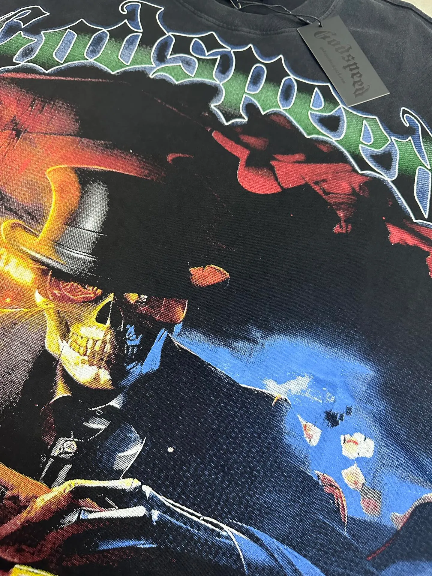 6060#washed black I P116 HD printing real shot details Godspeed cross-border American rock and roll street washed retro style short-sleeved T (craft printing) fabric (fabric): 32 count combed double yarn 250g weight code number (size): S-M-L-XL color (colour): washed black
