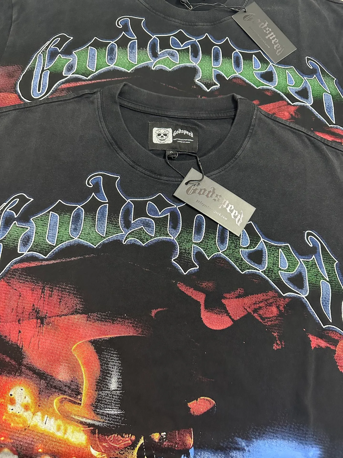 6060#washed black I P116 HD printing real shot details Godspeed cross-border American rock and roll street washed retro style short-sleeved T (craft printing) fabric (fabric): 32 count combed double yarn 250g weight code number (size): S-M-L-XL color (colour): washed black