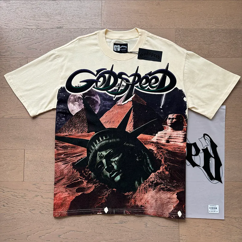3168# P106 Real shot Godspeed American fashion rock street retro loose printed cotton short sleeves Fabric: 240g 32 count fine cotton double yarn pure cotton Color: apricot Size: S M L XL