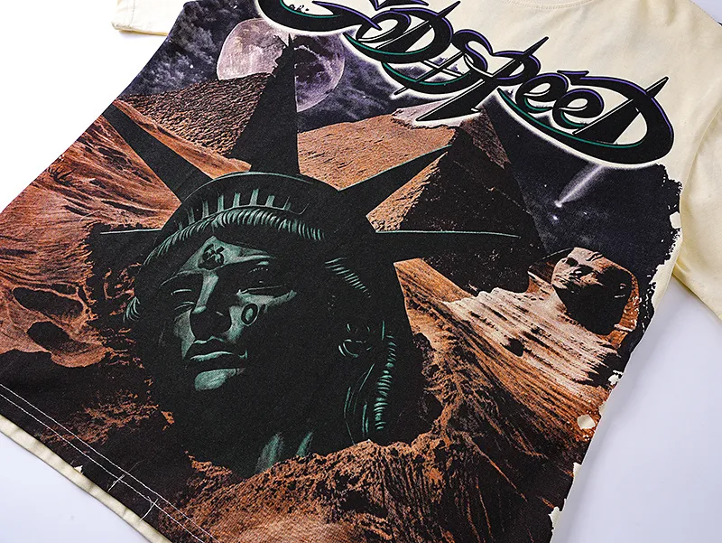 3168# P106 Real shot Godspeed American fashion rock street retro loose printed cotton short sleeves Fabric: 240g 32 count fine cotton double yarn pure cotton Color: apricot Size: S M L XL