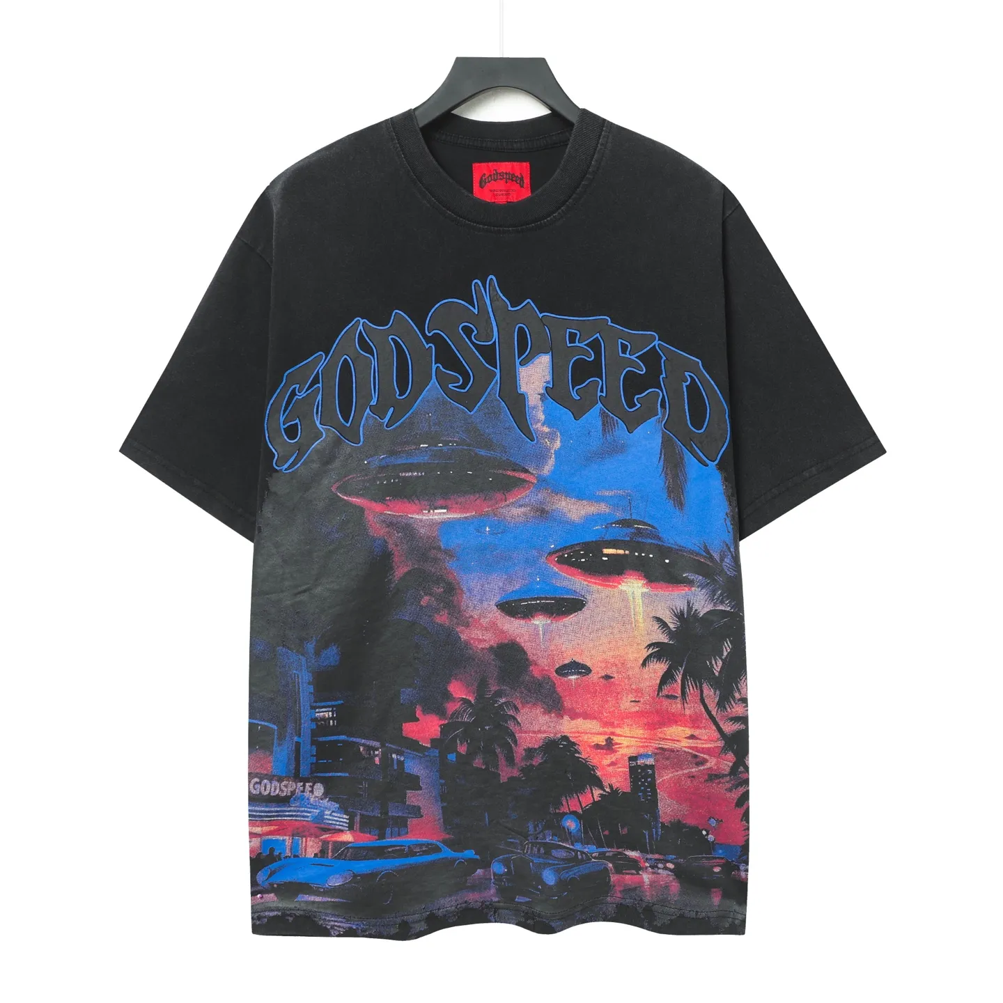 6071# washed black I P116 Godspeed cross-border American rock and roll street washed retro style short-sleeved T (craft printing) fabric (fabric): 32 count combed double yarn 250 grams weight code number (size): S-M-L-XL color (colour): washed black