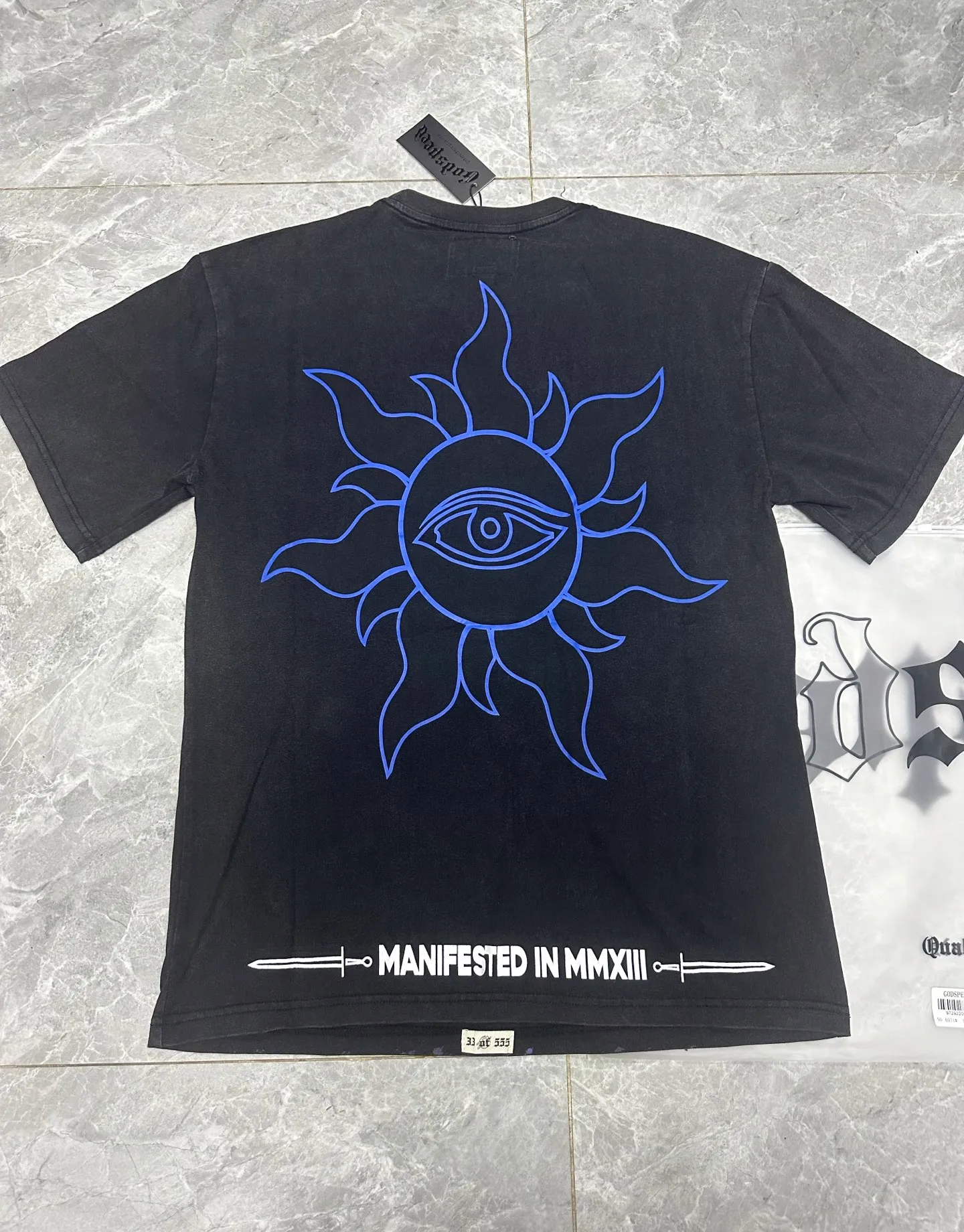 6071# washed black I P116 Godspeed cross-border American rock and roll street washed retro style short-sleeved T (craft printing) fabric (fabric): 32 count combed double yarn 250 grams weight code number (size): S-M-L-XL color (colour): washed black