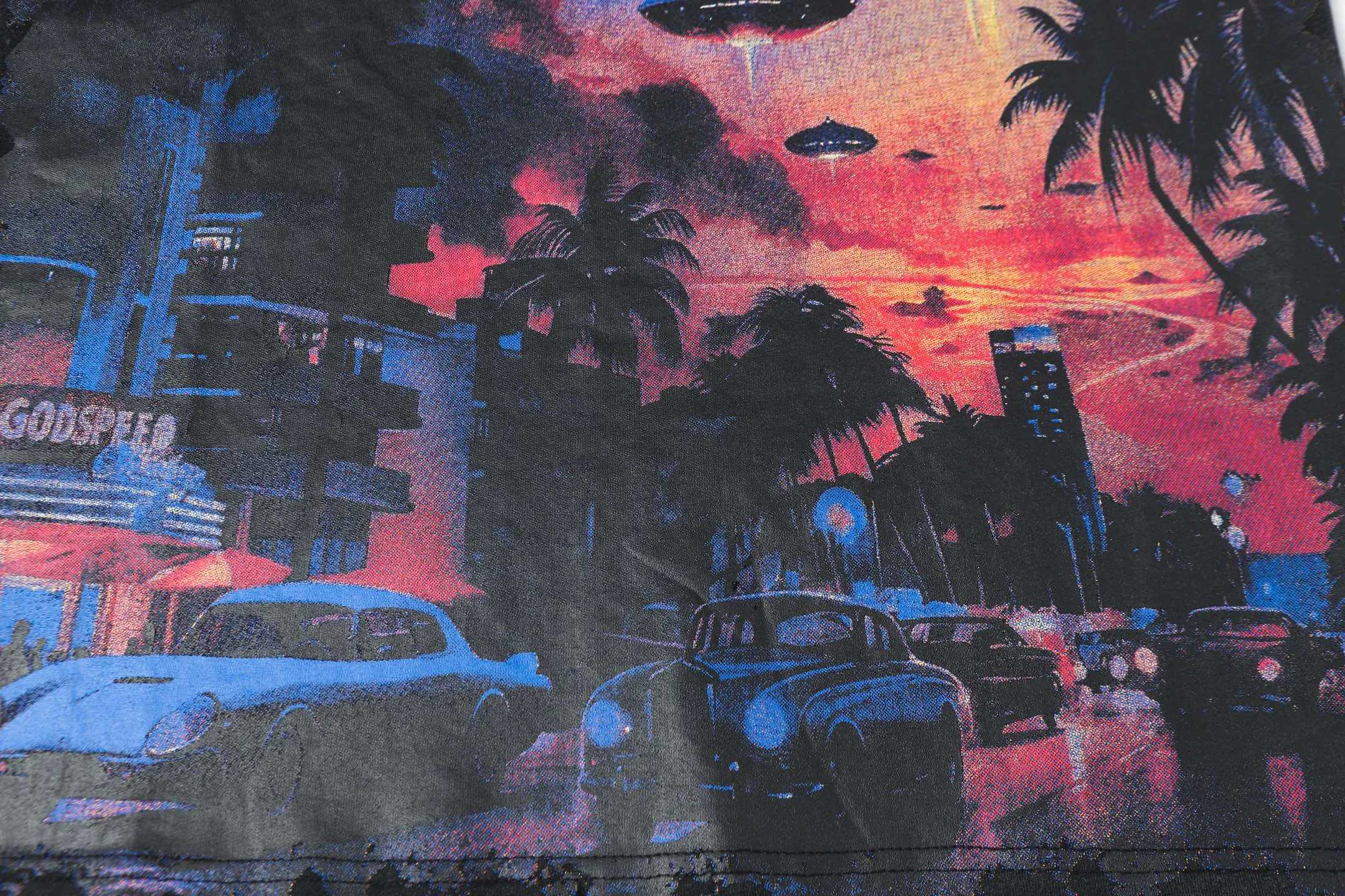 6071# washed black I P116 Godspeed cross-border American rock and roll street washed retro style short-sleeved T (craft printing) fabric (fabric): 32 count combed double yarn 250 grams weight code number (size): S-M-L-XL color (colour): washed black