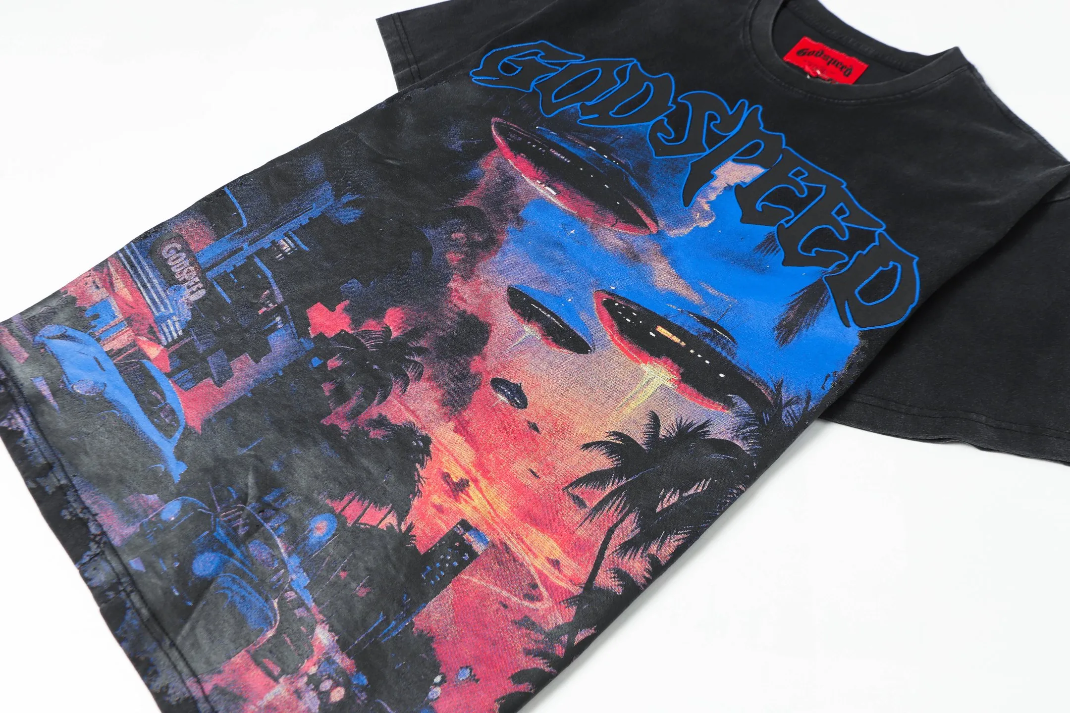 6071# washed black I P116 Godspeed cross-border American rock and roll street washed retro style short-sleeved T (craft printing) fabric (fabric): 32 count combed double yarn 250 grams weight code number (size): S-M-L-XL color (colour): washed black