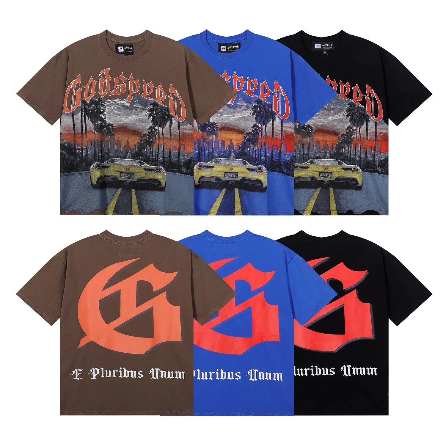 Batch 106, No. 7085, Mechao Godspeed road supercar printed high weight double yarn pure cotton casual short-sleeved T-shirt Color: black, blue, brown; Size: S M L XL