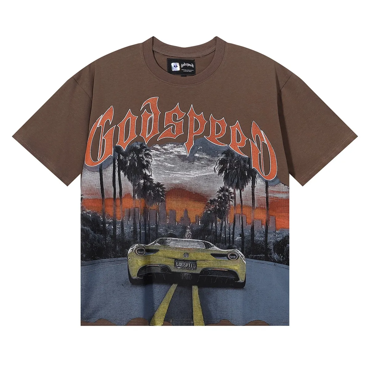 Batch 106, No. 7085, Mechao Godspeed road supercar printed high weight double yarn pure cotton casual short-sleeved T-shirt Color: black, blue, brown; Size: S M L XL