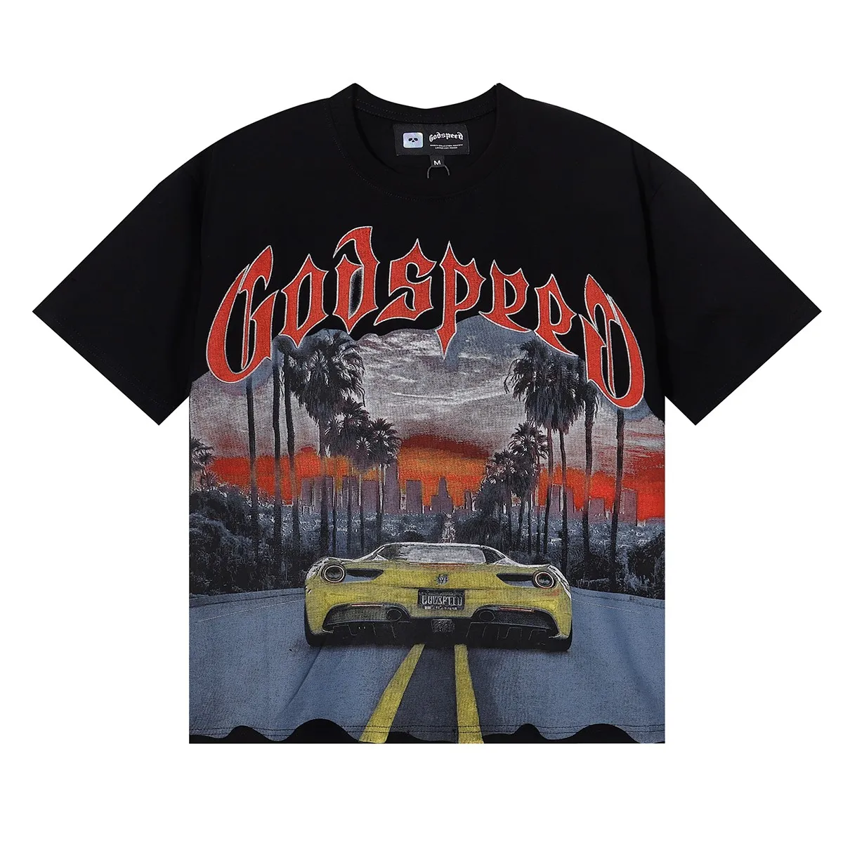 Batch 106, No. 7085, Mechao Godspeed road supercar printed high weight double yarn pure cotton casual short-sleeved T-shirt Color: black, blue, brown; Size: S M L XL