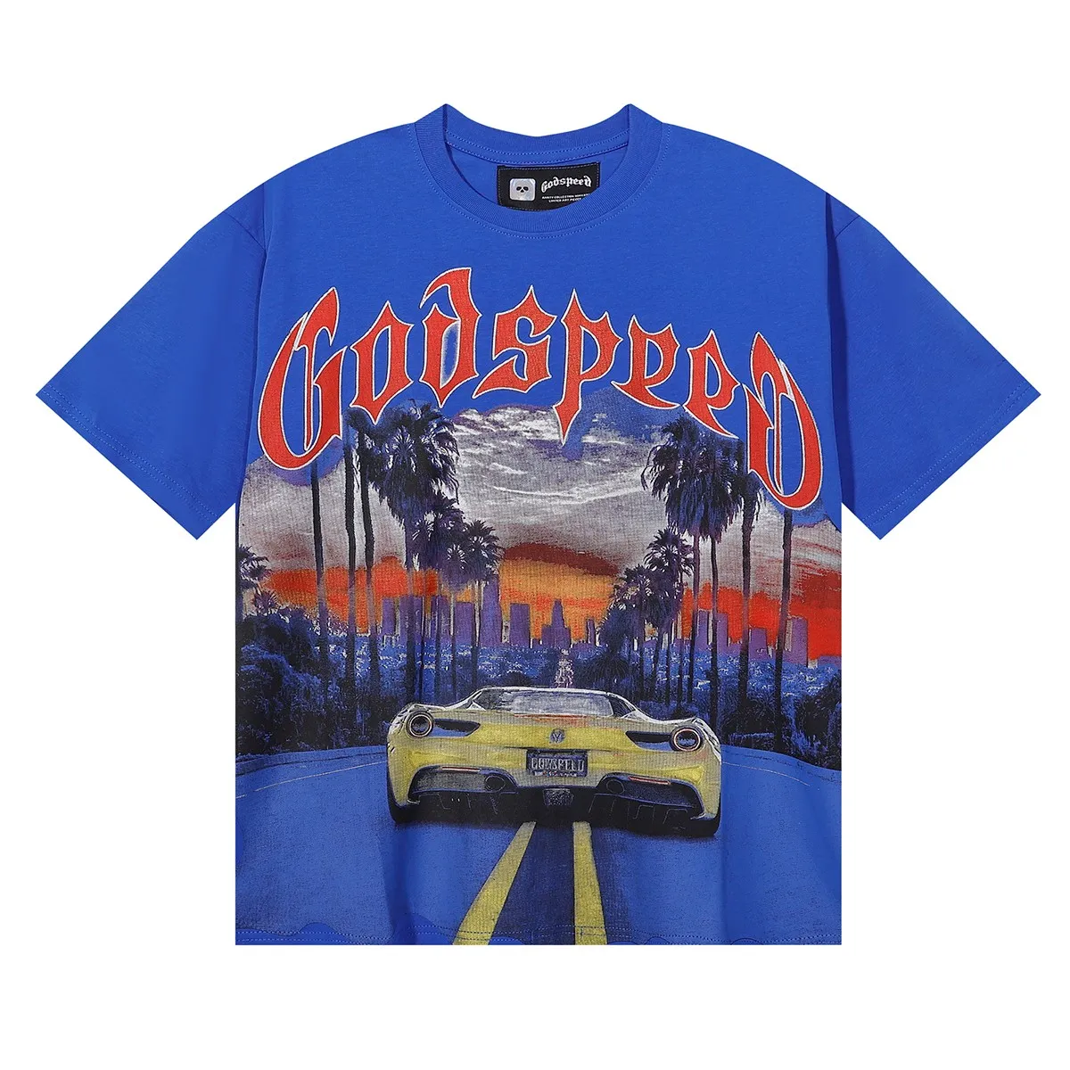 Batch 106, No. 7085, Mechao Godspeed road supercar printed high weight double yarn pure cotton casual short-sleeved T-shirt Color: black, blue, brown; Size: S M L XL