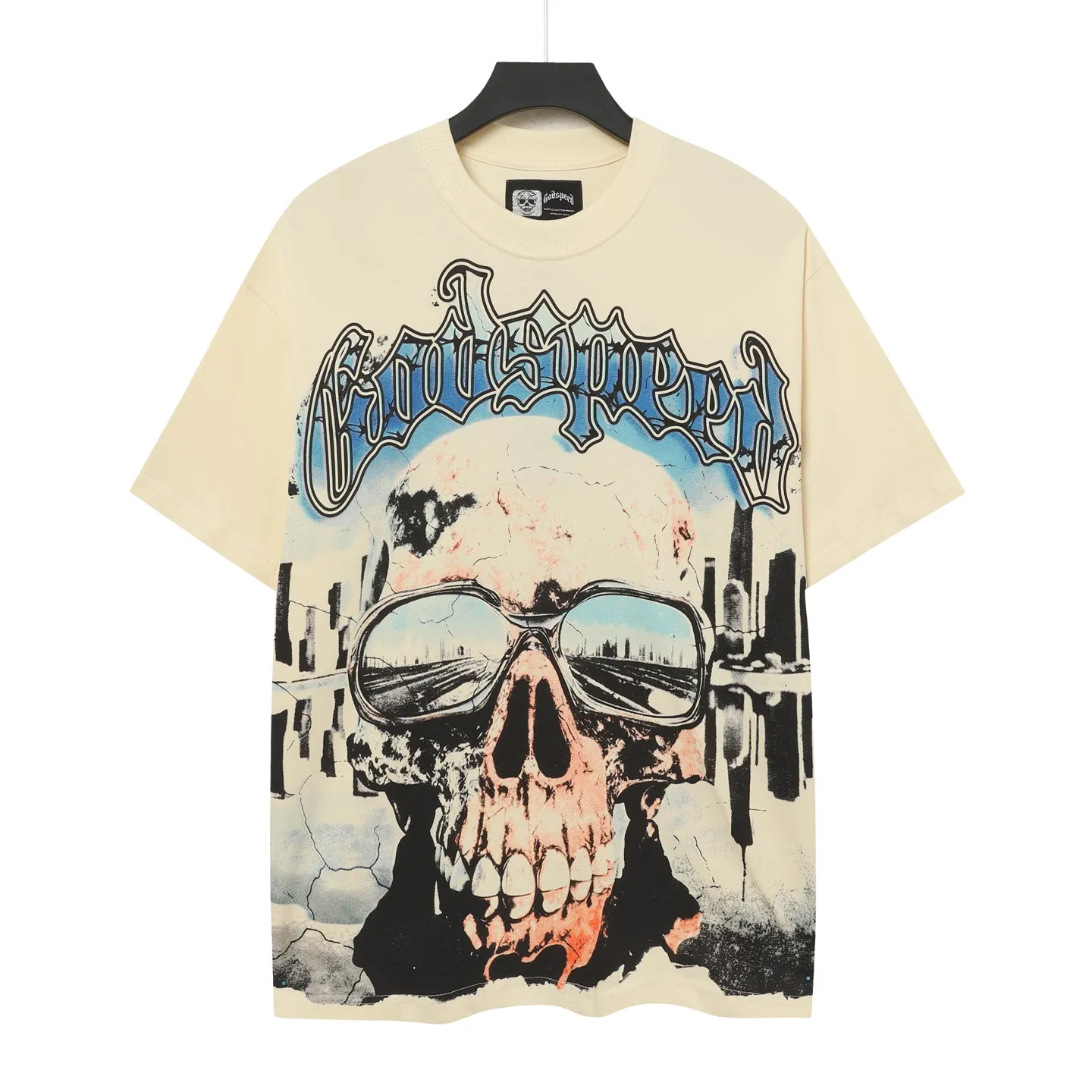 5061#apricot|P104 Godspeed cross-border American rock and roll street washed retro style short-sleeved T (craft printing) fabric (fabric) 32 counts combed double yarn 240 grams weight code number (size): S-M-L-XL color (colour): apricot