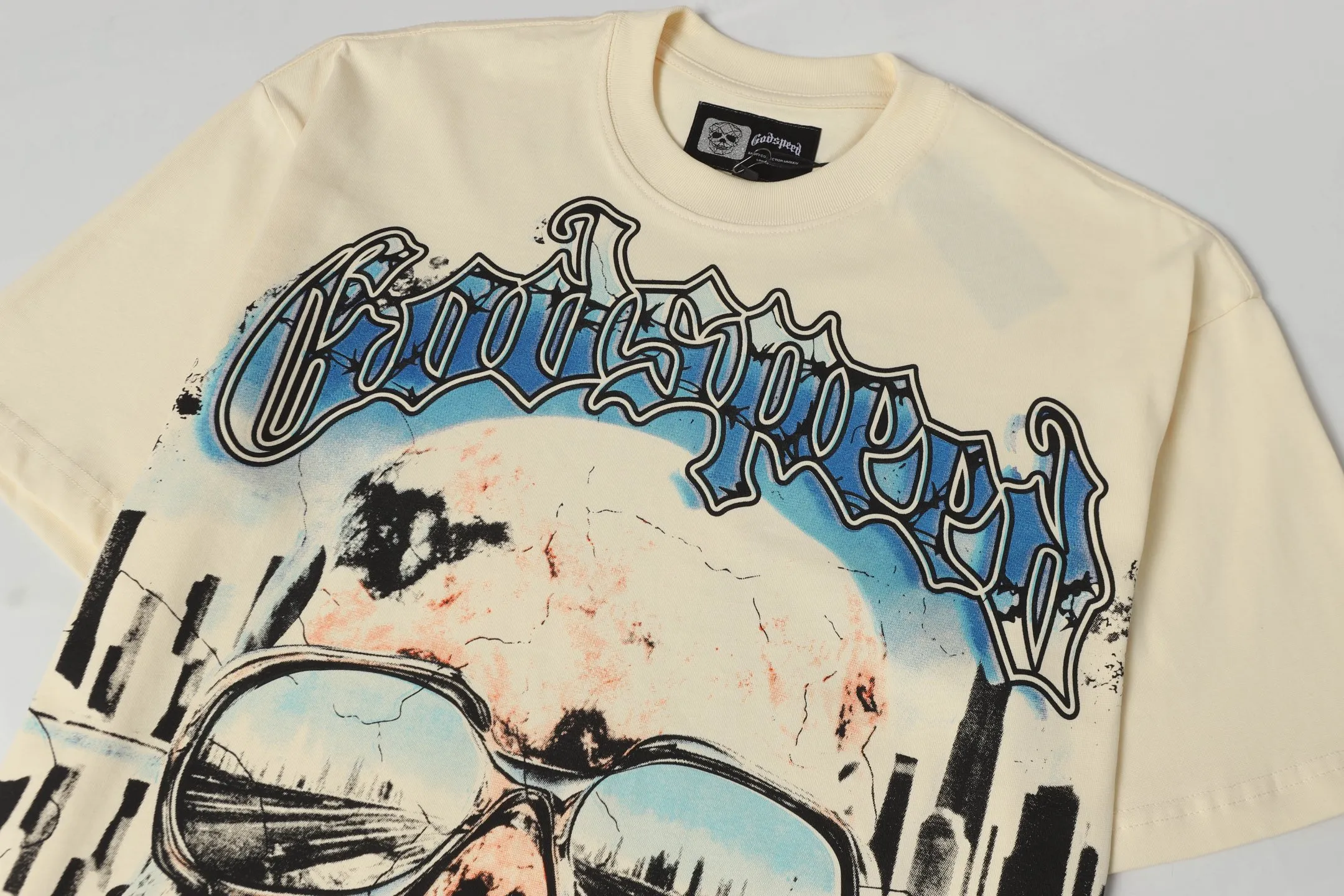 5061#apricot|P104 Godspeed cross-border American rock and roll street washed retro style short-sleeved T (craft printing) fabric (fabric) 32 counts combed double yarn 240 grams weight code number (size): S-M-L-XL color (colour): apricot