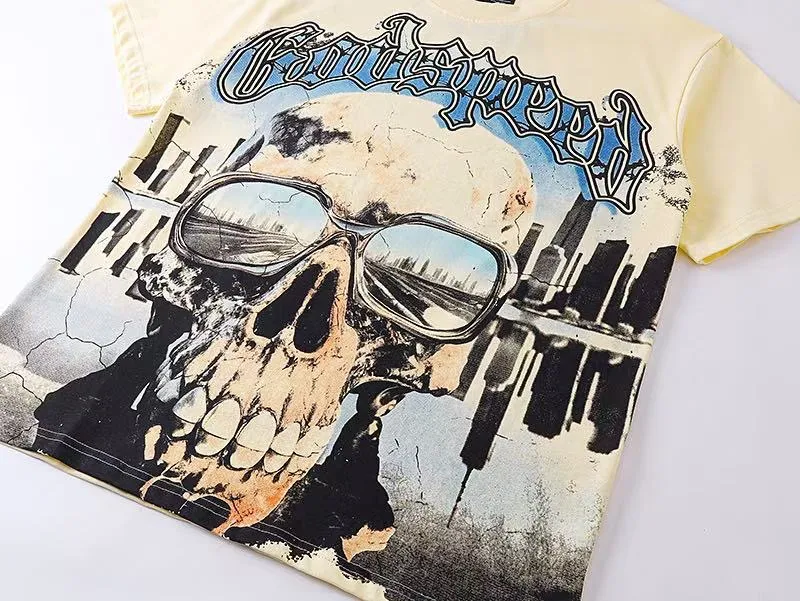 5061#apricot|P104 Godspeed cross-border American rock and roll street washed retro style short-sleeved T (craft printing) fabric (fabric) 32 counts combed double yarn 240 grams weight code number (size): S-M-L-XL color (colour): apricot