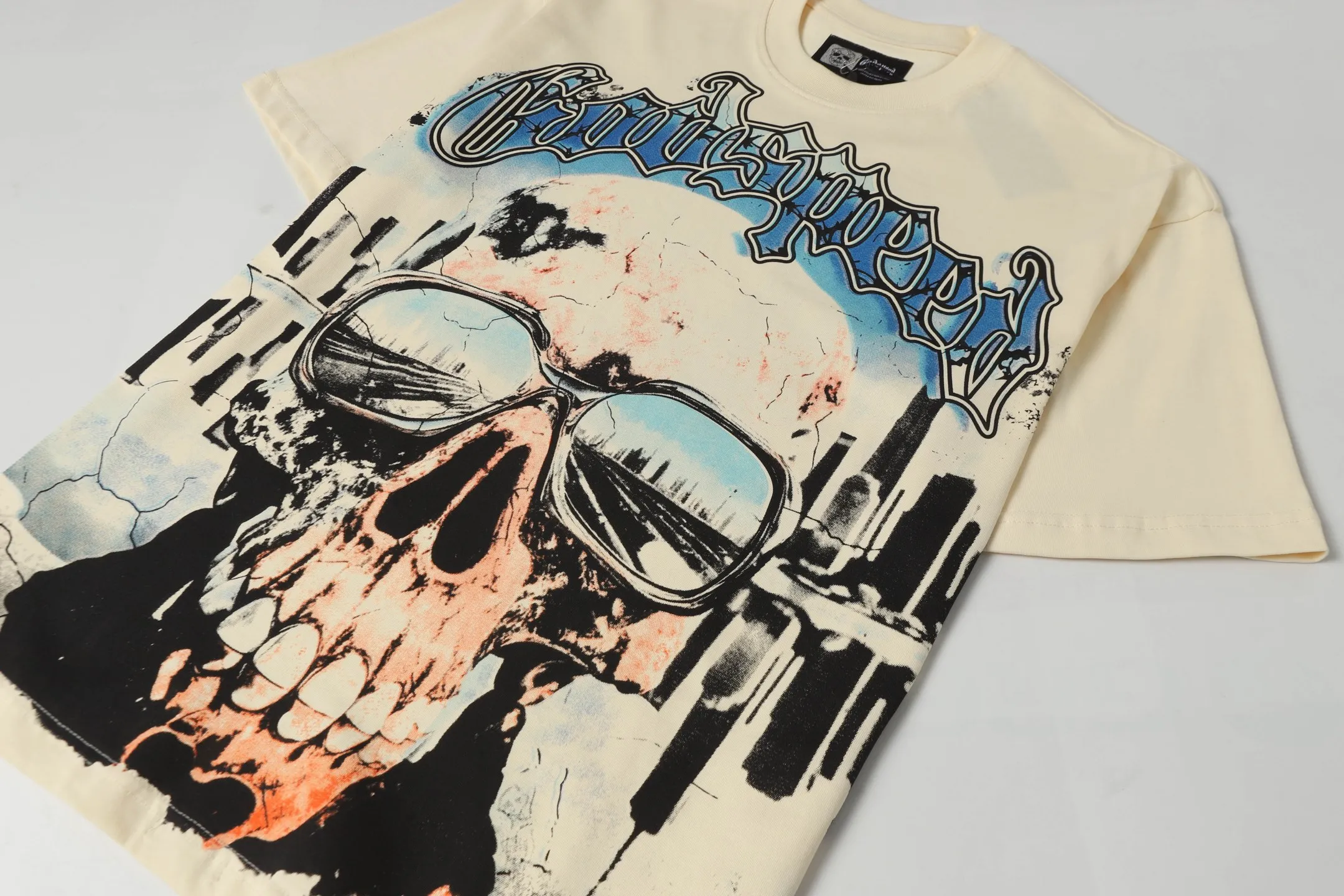 5061#apricot|P104 Godspeed cross-border American rock and roll street washed retro style short-sleeved T (craft printing) fabric (fabric) 32 counts combed double yarn 240 grams weight code number (size): S-M-L-XL color (colour): apricot