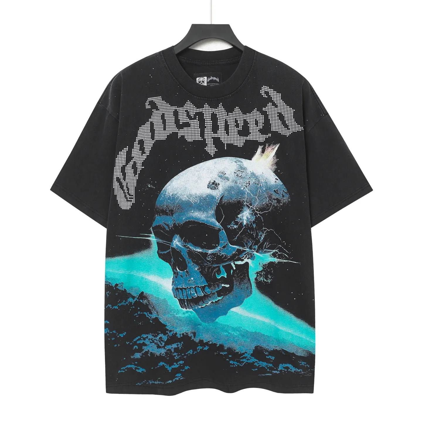 6090#washed black I P116 Godspeed cross-border American rock and roll street washed retro style short-sleeved T (craft printing) fabric (fabric): 32 count combed double yarn 250 grams weight code number (size): S-M-L-XL color (colour): washed black 👉