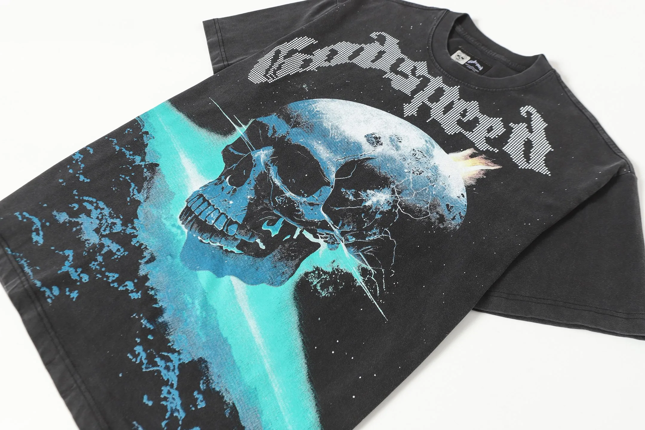 6090#washed black I P116 Godspeed cross-border American rock and roll street washed retro style short-sleeved T (craft printing) fabric (fabric): 32 count combed double yarn 250 grams weight code number (size): S-M-L-XL color (colour): washed black 👉