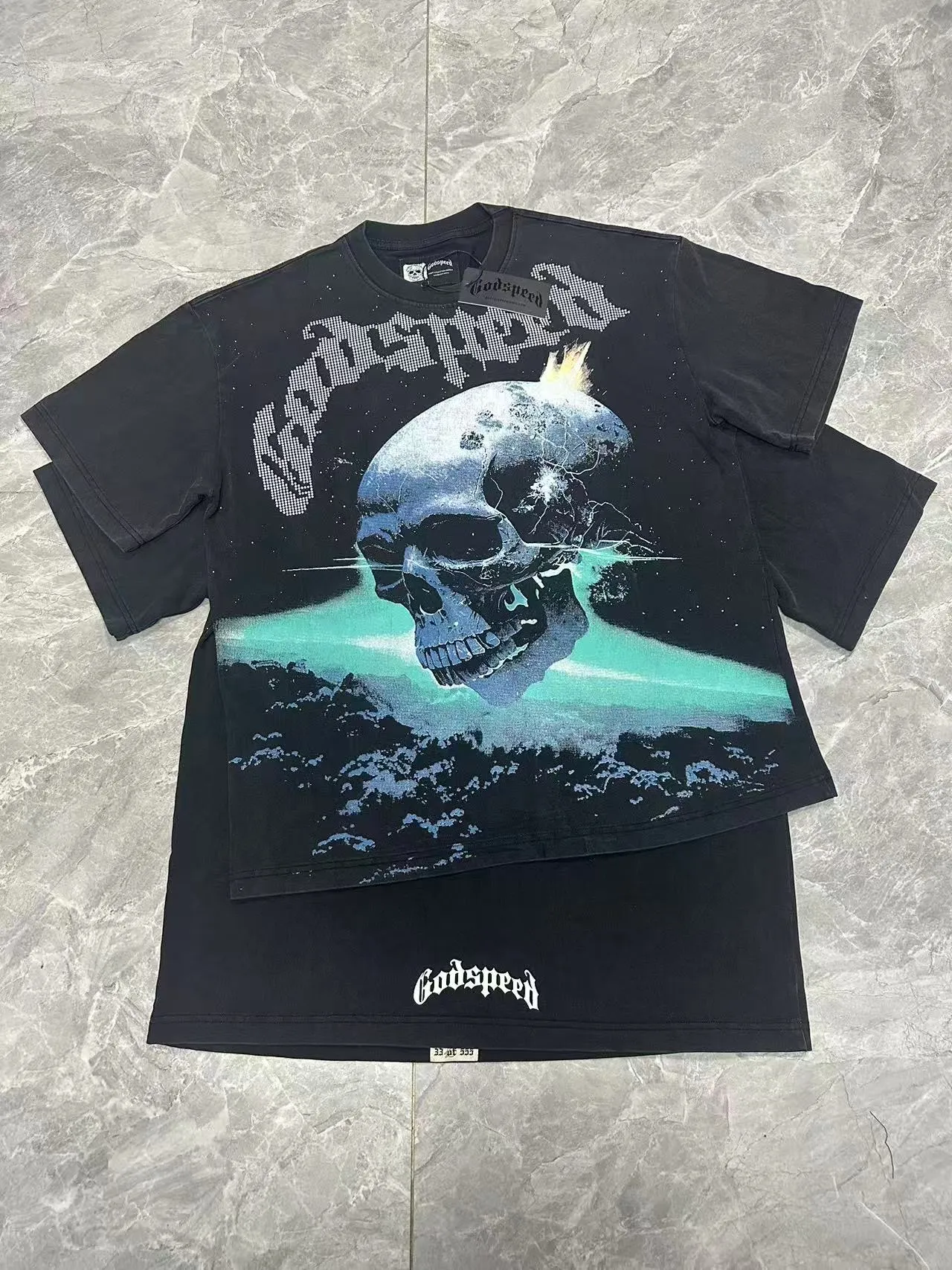 6090#washed black I P116 Godspeed cross-border American rock and roll street washed retro style short-sleeved T (craft printing) fabric (fabric): 32 count combed double yarn 250 grams weight code number (size): S-M-L-XL color (colour): washed black 👉