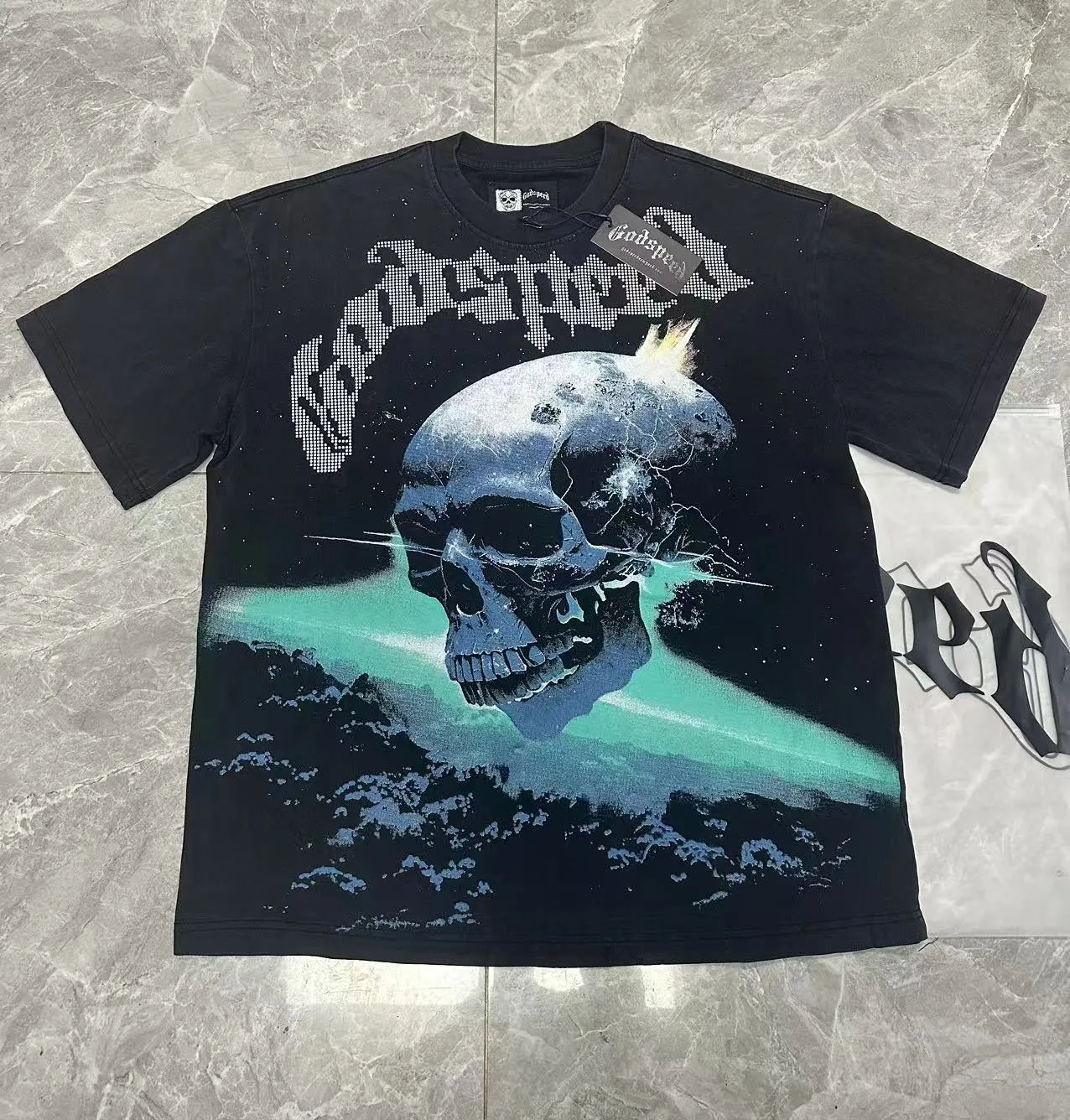 6090#washed black I P116 Godspeed cross-border American rock and roll street washed retro style short-sleeved T (craft printing) fabric (fabric): 32 count combed double yarn 250 grams weight code number (size): S-M-L-XL color (colour): washed black 👉