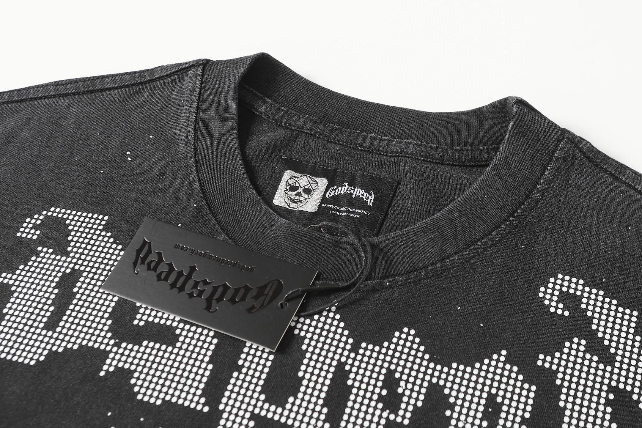 6090#washed black I P116 Godspeed cross-border American rock and roll street washed retro style short-sleeved T (craft printing) fabric (fabric): 32 count combed double yarn 250 grams weight code number (size): S-M-L-XL color (colour): washed black 👉