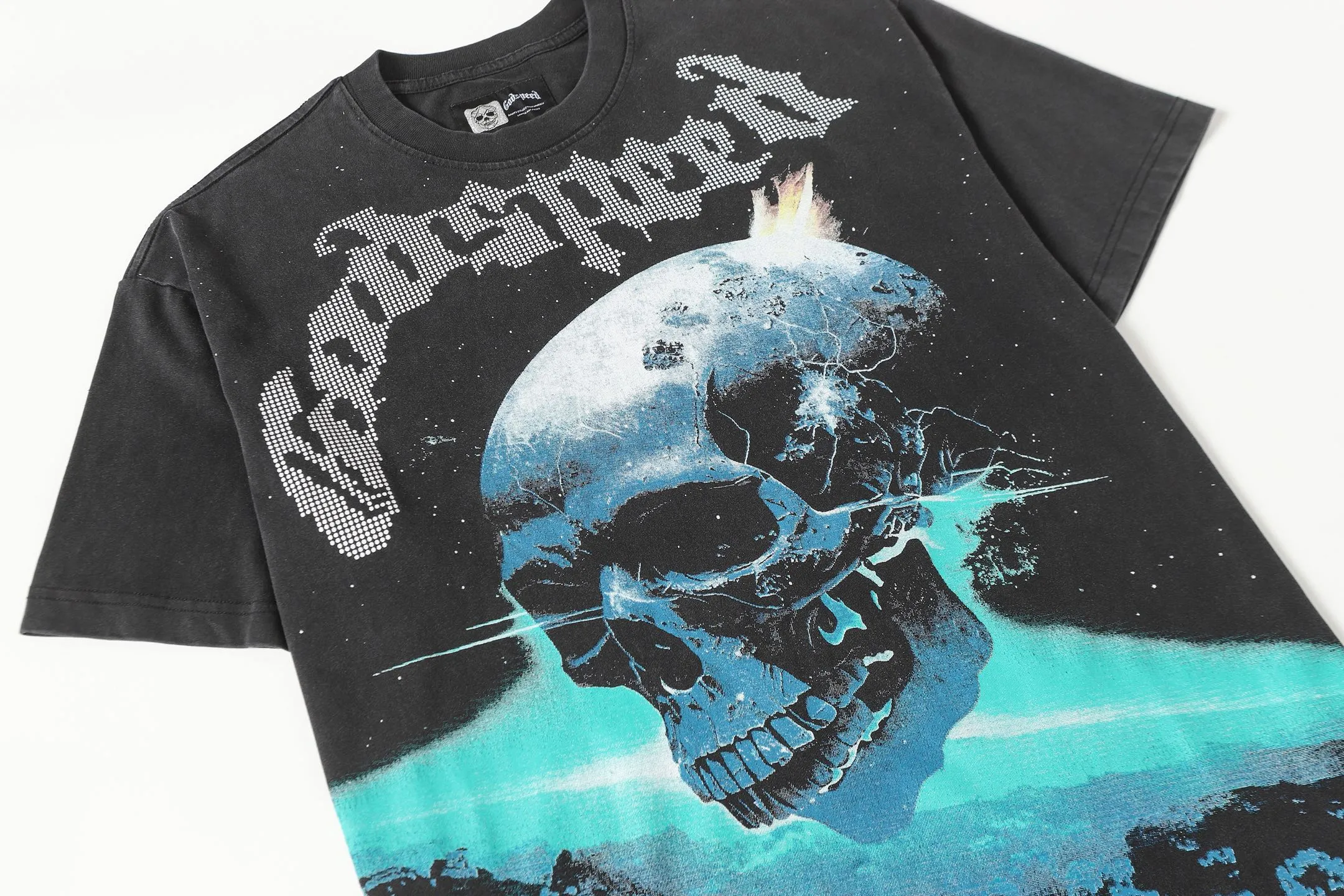 6090#washed black I P116 Godspeed cross-border American rock and roll street washed retro style short-sleeved T (craft printing) fabric (fabric): 32 count combed double yarn 250 grams weight code number (size): S-M-L-XL color (colour): washed black 👉