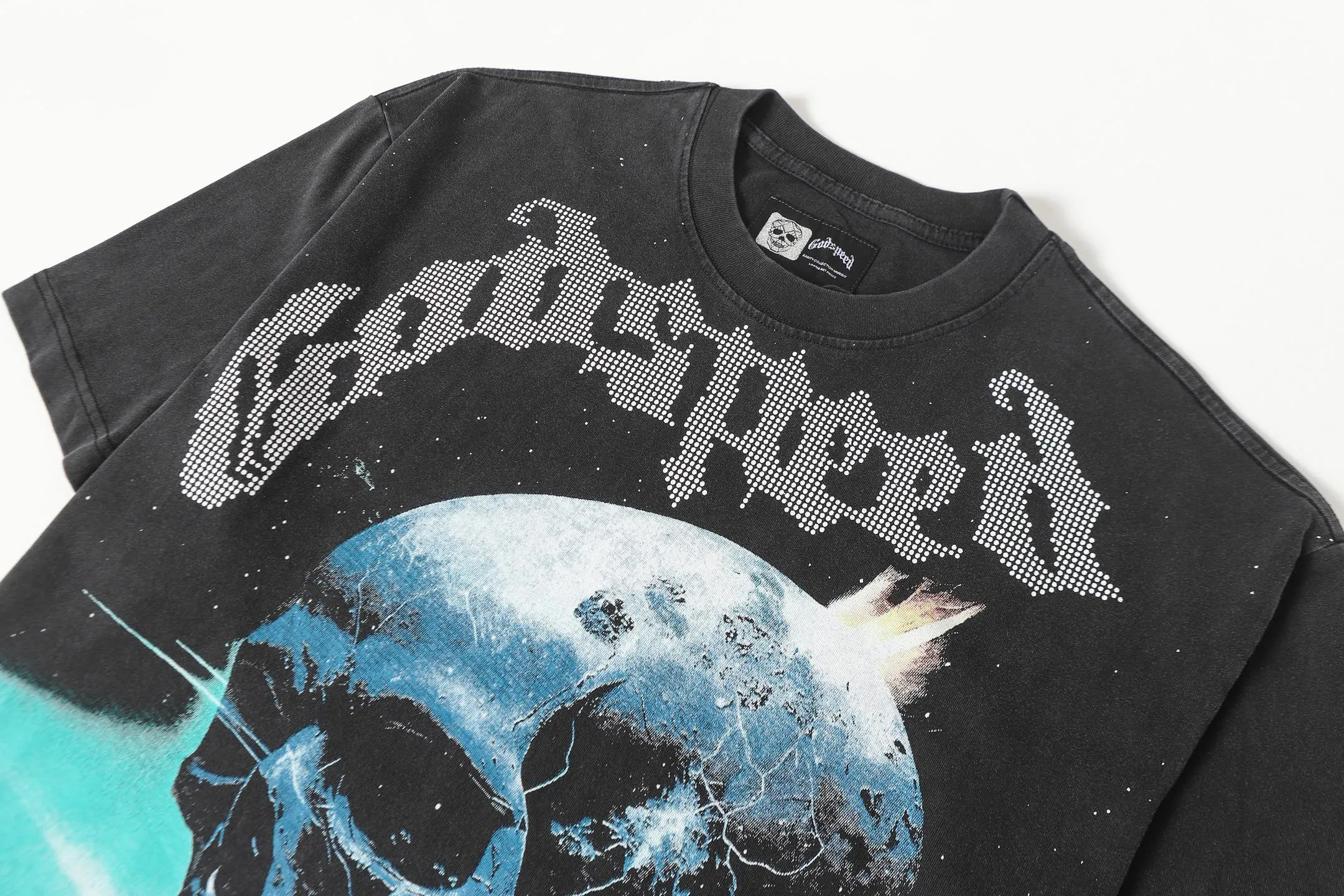6090#washed black I P116 Godspeed cross-border American rock and roll street washed retro style short-sleeved T (craft printing) fabric (fabric): 32 count combed double yarn 250 grams weight code number (size): S-M-L-XL color (colour): washed black 👉