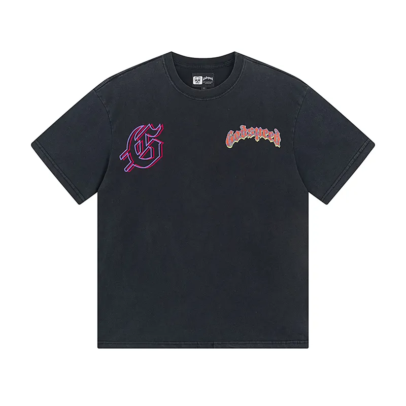 1018# P126 Washed model Real shot Godspeed American fashion rock street retro washed distressed printed cotton short-sleeved fabric: 250g 32 count fine cotton double yarn pure cotton Color: washed black washed purple code number: S M L XL