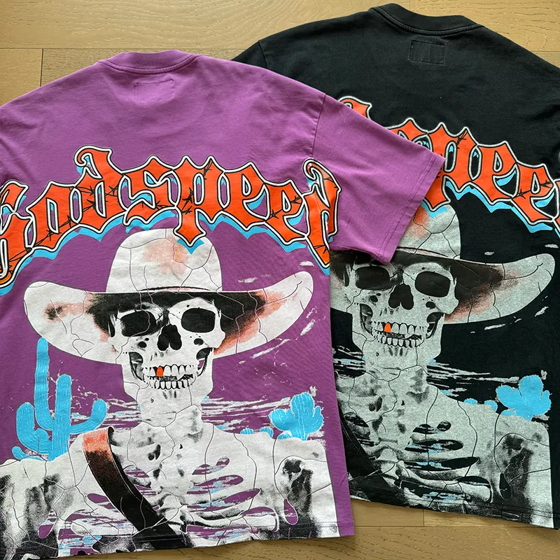 1018# P126 Washed model Real shot Godspeed American fashion rock street retro washed distressed printed cotton short-sleeved fabric: 250g 32 count fine cotton double yarn pure cotton Color: washed black washed purple code number: S M L XL