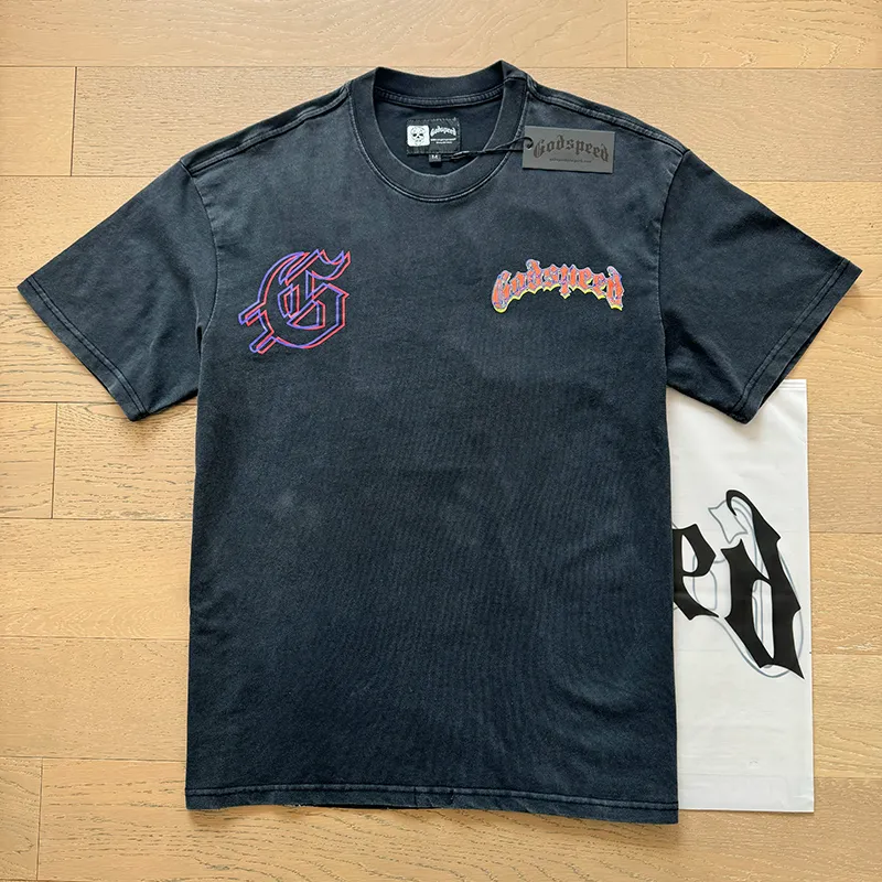 1018# P126 Washed model Real shot Godspeed American fashion rock street retro washed distressed printed cotton short-sleeved fabric: 250g 32 count fine cotton double yarn pure cotton Color: washed black washed purple code number: S M L XL