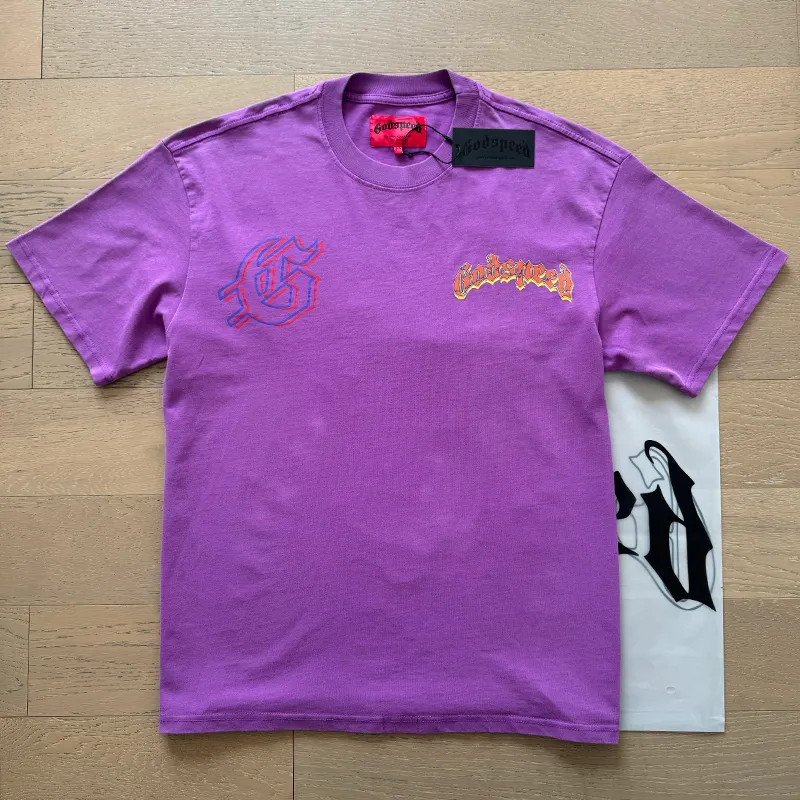 1018# P126 Washed model Real shot Godspeed American fashion rock street retro washed distressed printed cotton short-sleeved fabric: 250g 32 count fine cotton double yarn pure cotton Color: washed black washed purple code number: S M L XL