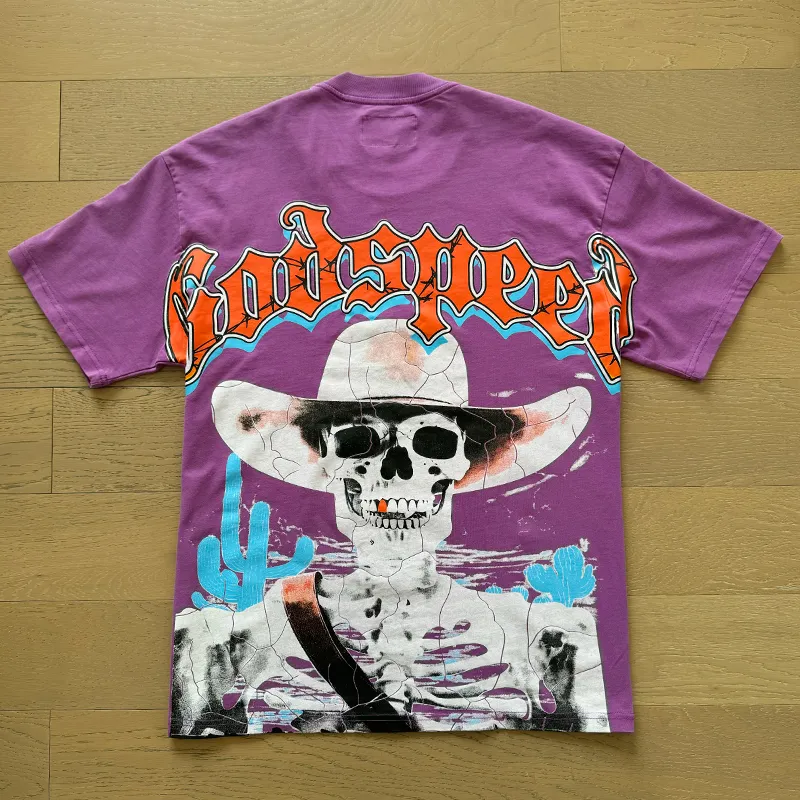 1018# P126 Washed model Real shot Godspeed American fashion rock street retro washed distressed printed cotton short-sleeved fabric: 250g 32 count fine cotton double yarn pure cotton Color: washed black washed purple code number: S M L XL