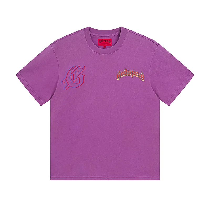 1018# P126 Washed model Real shot Godspeed American fashion rock street retro washed distressed printed cotton short-sleeved fabric: 250g 32 count fine cotton double yarn pure cotton Color: washed black washed purple code number: S M L XL