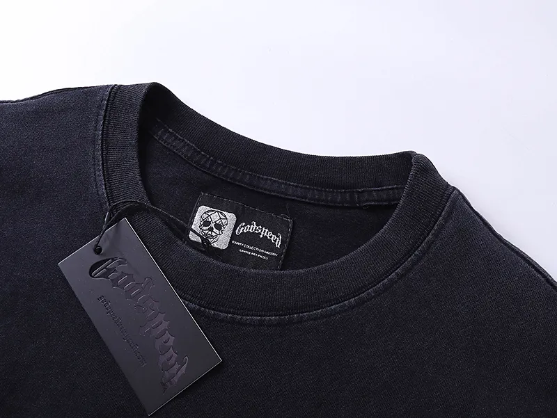 1018# P126 Washed model Real shot Godspeed American fashion rock street retro washed distressed printed cotton short-sleeved fabric: 250g 32 count fine cotton double yarn pure cotton Color: washed black washed purple code number: S M L XL