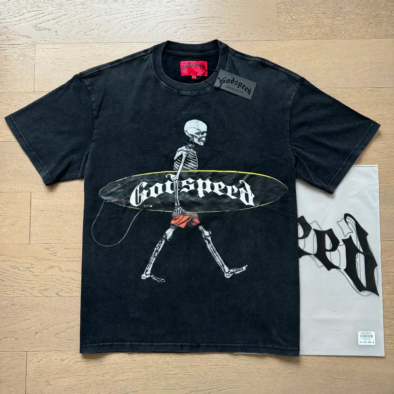 1025# P126 Washed Black Real Shot Godspeed American Fashion Rock Street Retro Washed Distressed Printed Pure Cotton Short Sleeves Fabric: 250g 32 Count Fine Cotton Double Yarn Pure Cotton Color: Washed Black Size: S M L XL