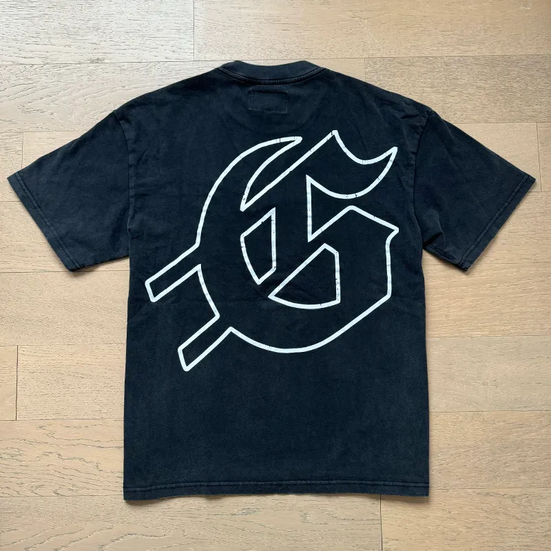 1025# P126 Washed Black Real Shot Godspeed American Fashion Rock Street Retro Washed Distressed Printed Pure Cotton Short Sleeves Fabric: 250g 32 Count Fine Cotton Double Yarn Pure Cotton Color: Washed Black Size: S M L XL