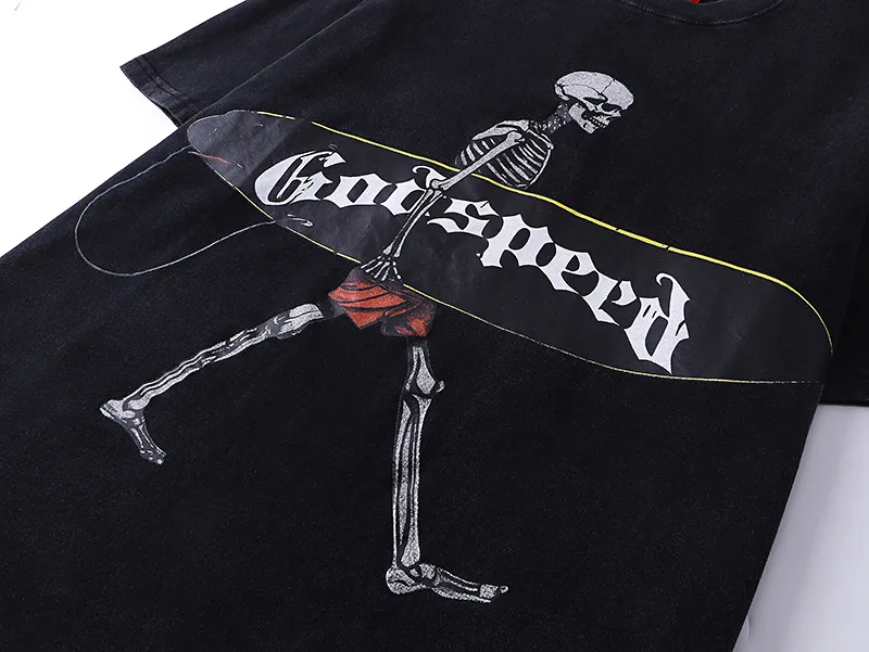 1025# P126 Washed Black Real Shot Godspeed American Fashion Rock Street Retro Washed Distressed Printed Pure Cotton Short Sleeves Fabric: 250g 32 Count Fine Cotton Double Yarn Pure Cotton Color: Washed Black Size: S M L XL