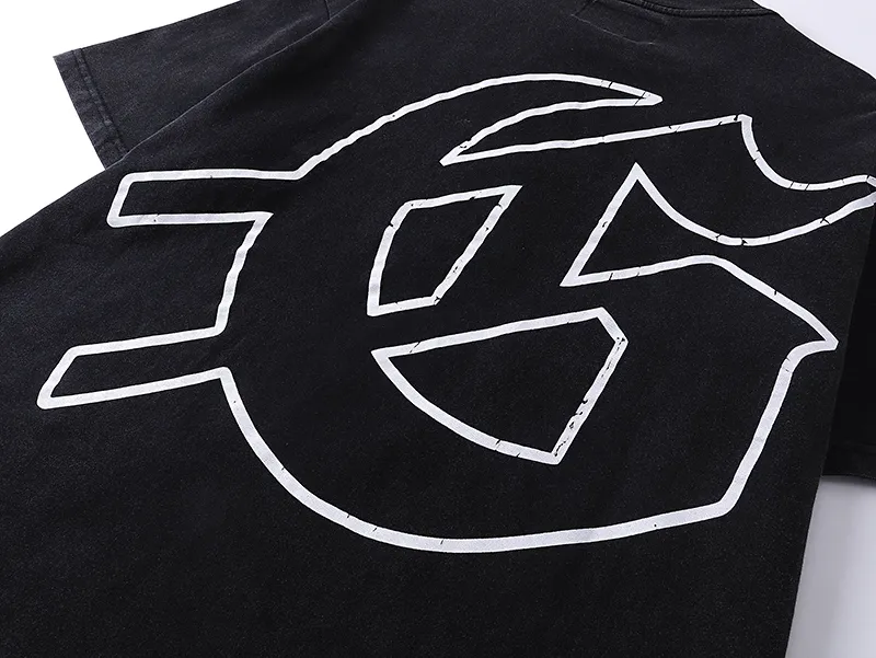 1025# P126 Washed Black Real Shot Godspeed American Fashion Rock Street Retro Washed Distressed Printed Pure Cotton Short Sleeves Fabric: 250g 32 Count Fine Cotton Double Yarn Pure Cotton Color: Washed Black Size: S M L XL