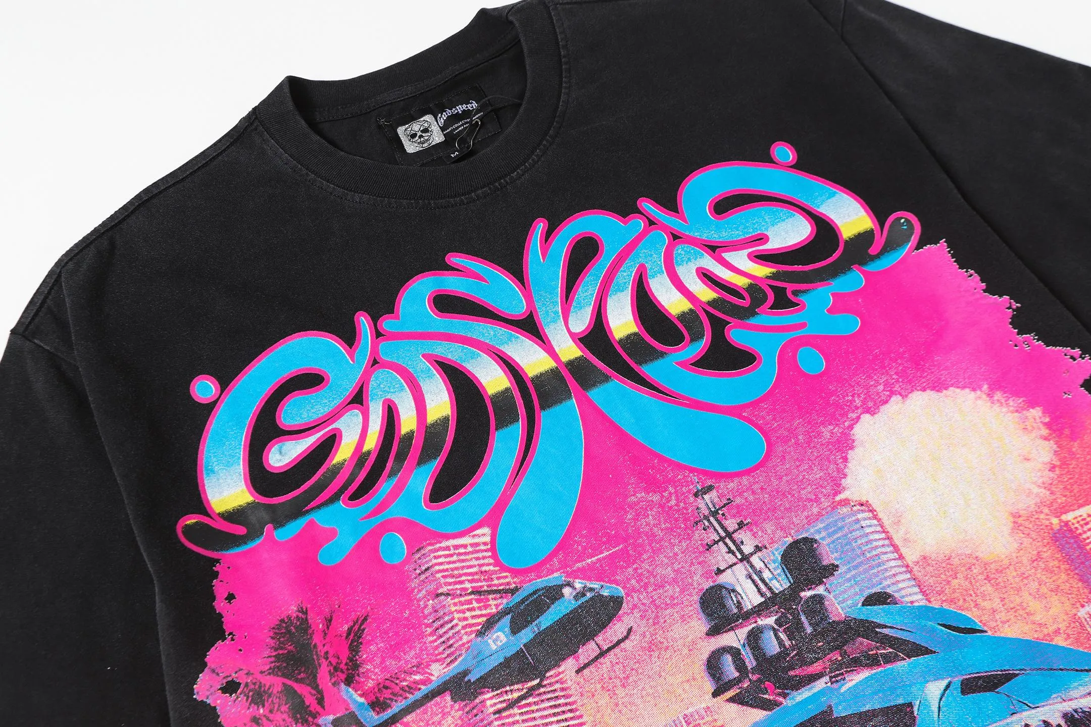 6080#washed black I P116 Godspeed cross-border American rock and roll street washed retro style short-sleeved T (craft printing) fabric (fabric): 32 count combed double yarn 250 grams weight code number (size): S-M-L-XL color (colour): washed black