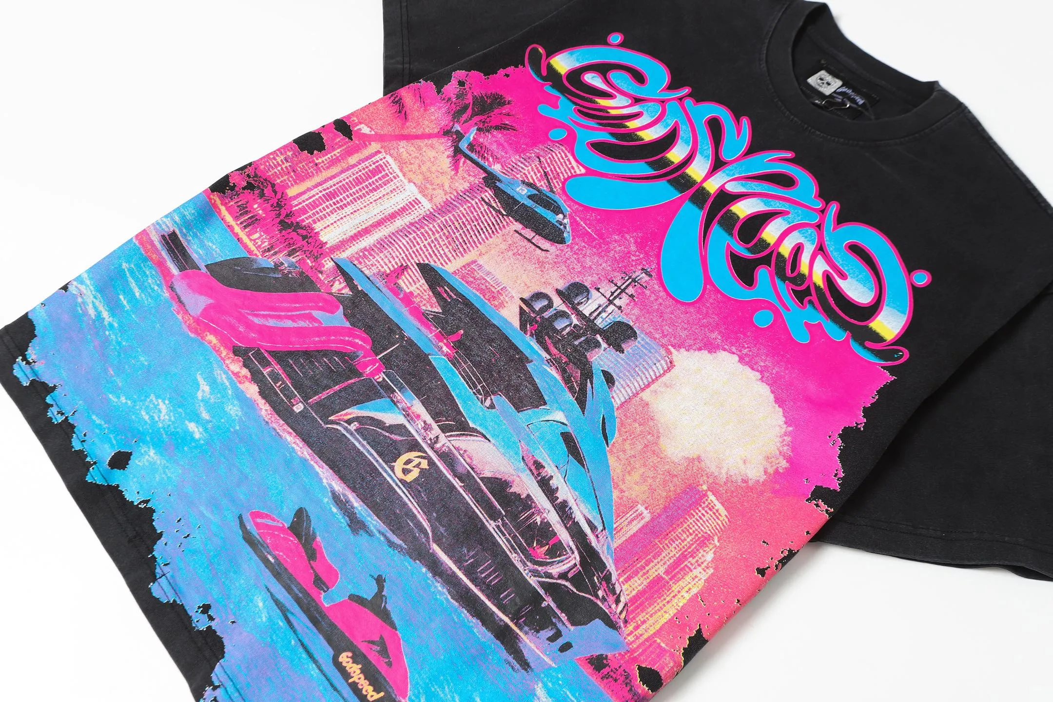 6080#washed black I P116 Godspeed cross-border American rock and roll street washed retro style short-sleeved T (craft printing) fabric (fabric): 32 count combed double yarn 250 grams weight code number (size): S-M-L-XL color (colour): washed black