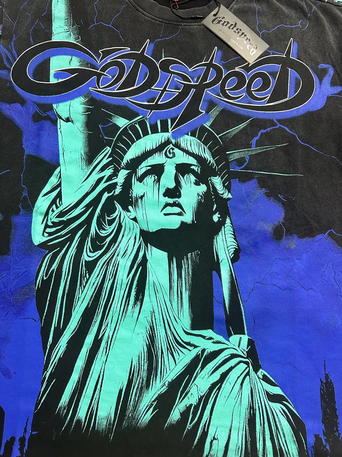 6301# Washed black-blue Washed black-yellow Washed black-red P116 Real shot in stock (American fashion niche) Godspeed cross-border American rock street washed retro style short-sleeved T (craft printing) Fabric (fabric): 32 counts combed double yarn 250 grams weight Size (size): S-M-L-XL Color (colour): Washed black-blue
