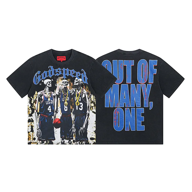 1023# P126 Washed Black Real Shot Godspeed American Fashion Rock Street Retro Washed Distressed Printed Pure Cotton Short Sleeves Fabric: 250g 32 Count Fine Cotton Double Yarn Pure Cotton Color: Washed Black Size: S M L XL