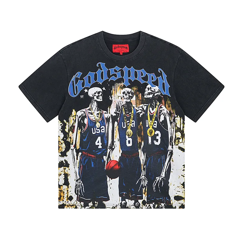 1023# P126 Washed Black Real Shot Godspeed American Fashion Rock Street Retro Washed Distressed Printed Pure Cotton Short Sleeves Fabric: 250g 32 Count Fine Cotton Double Yarn Pure Cotton Color: Washed Black Size: S M L XL