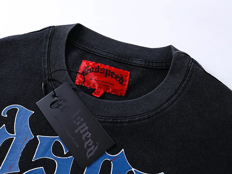 1023# P126 Washed Black Real Shot Godspeed American Fashion Rock Street Retro Washed Distressed Printed Pure Cotton Short Sleeves Fabric: 250g 32 Count Fine Cotton Double Yarn Pure Cotton Color: Washed Black Size: S M L XL