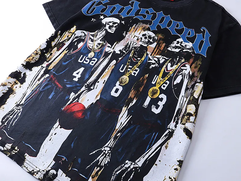 1023# P126 Washed Black Real Shot Godspeed American Fashion Rock Street Retro Washed Distressed Printed Pure Cotton Short Sleeves Fabric: 250g 32 Count Fine Cotton Double Yarn Pure Cotton Color: Washed Black Size: S M L XL