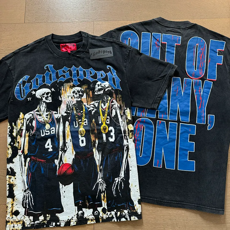 1023# P126 Washed Black Real Shot Godspeed American Fashion Rock Street Retro Washed Distressed Printed Pure Cotton Short Sleeves Fabric: 250g 32 Count Fine Cotton Double Yarn Pure Cotton Color: Washed Black Size: S M L XL
