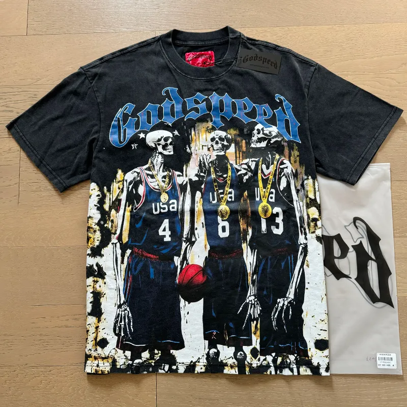 1023# P126 Washed Black Real Shot Godspeed American Fashion Rock Street Retro Washed Distressed Printed Pure Cotton Short Sleeves Fabric: 250g 32 Count Fine Cotton Double Yarn Pure Cotton Color: Washed Black Size: S M L XL