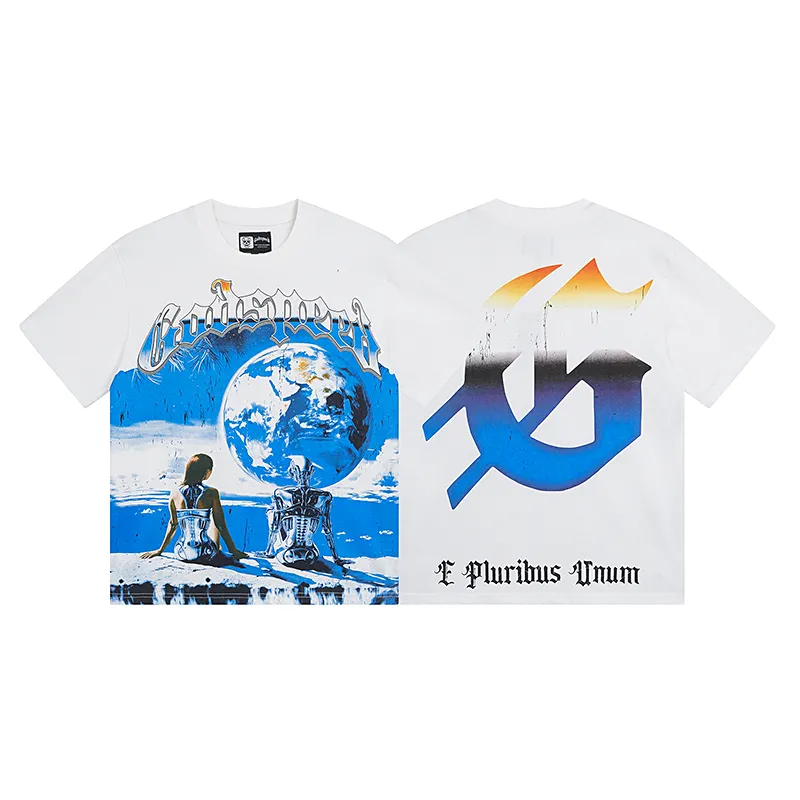 3005# P110 Real shot Godspeed American fashion rock street retro loose printed cotton short sleeves Fabric: 240g 32 count fine cotton double yarn pure cotton Color: off-white Size: S M L XL